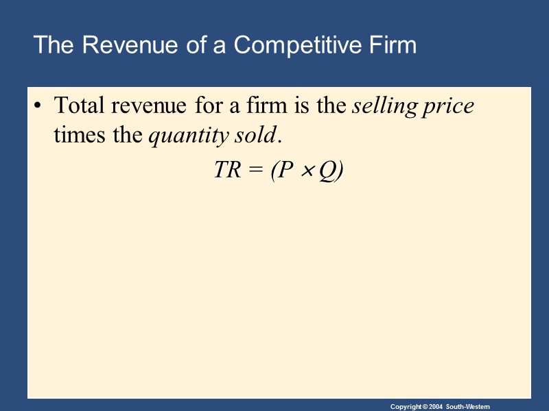 The Revenue of a Competitive Firm Total revenue for a firm is the selling